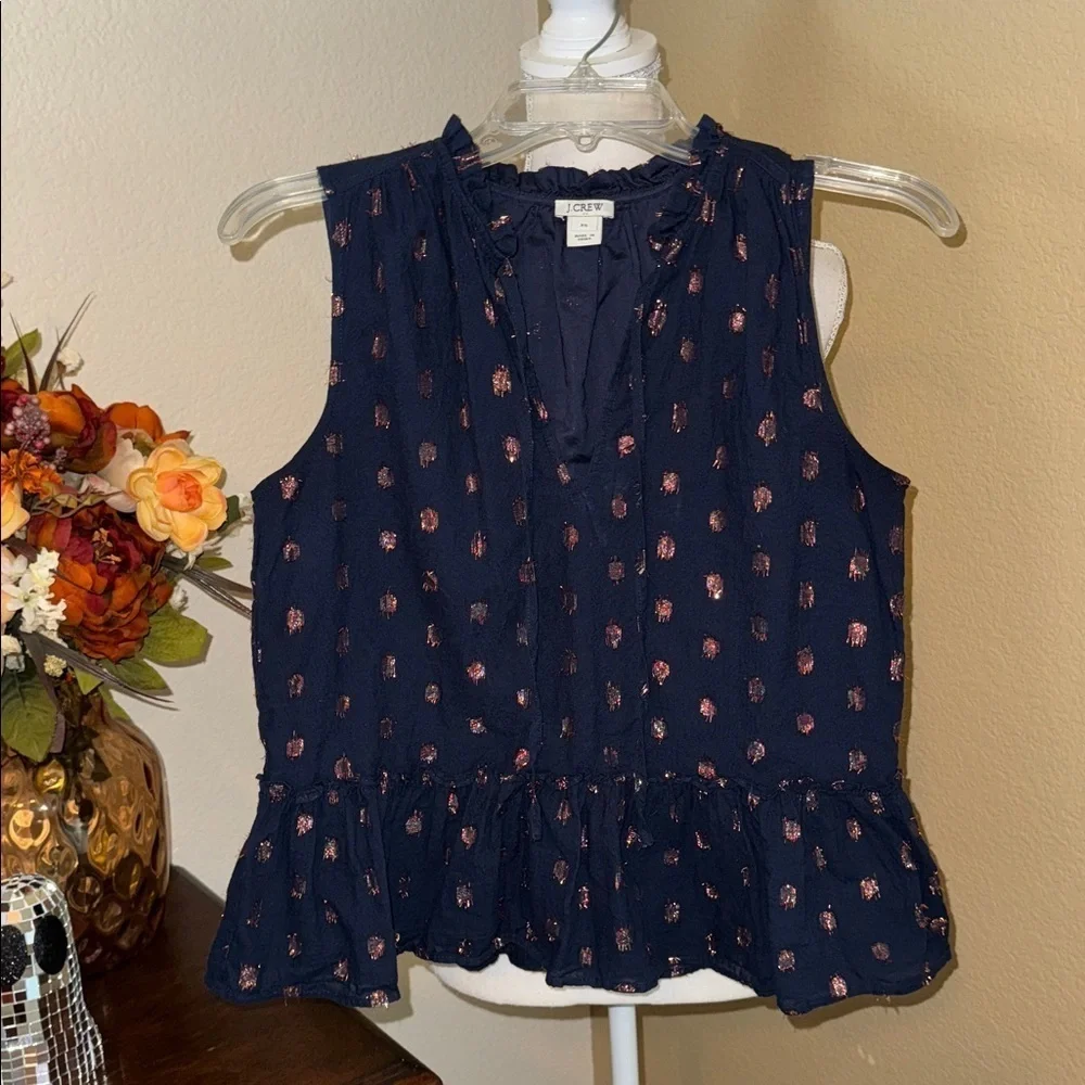 J. Crew Blue Peplum Sleeveless Blouse w Rose Gold Dots V Neck Career XS